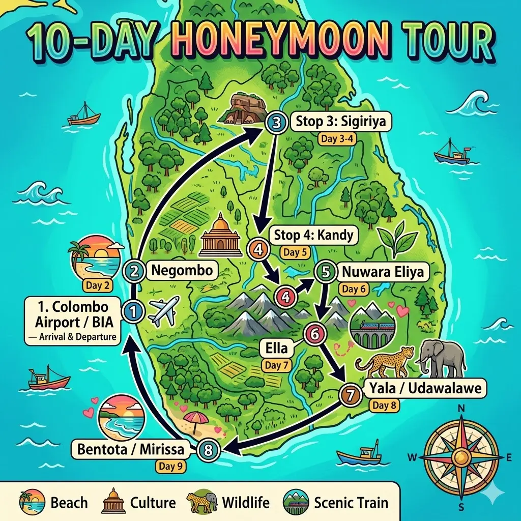 10-day Sri Lanka honeymoon tour route overview